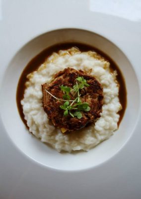 Le veau croustillant, risotto blanc